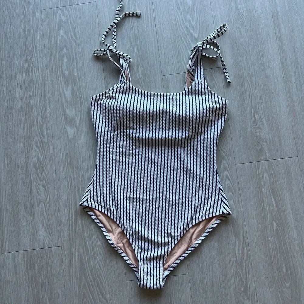 J Crew Factory Striped Tie Shoulder One Piece Swimsuit Large Antique Navy White